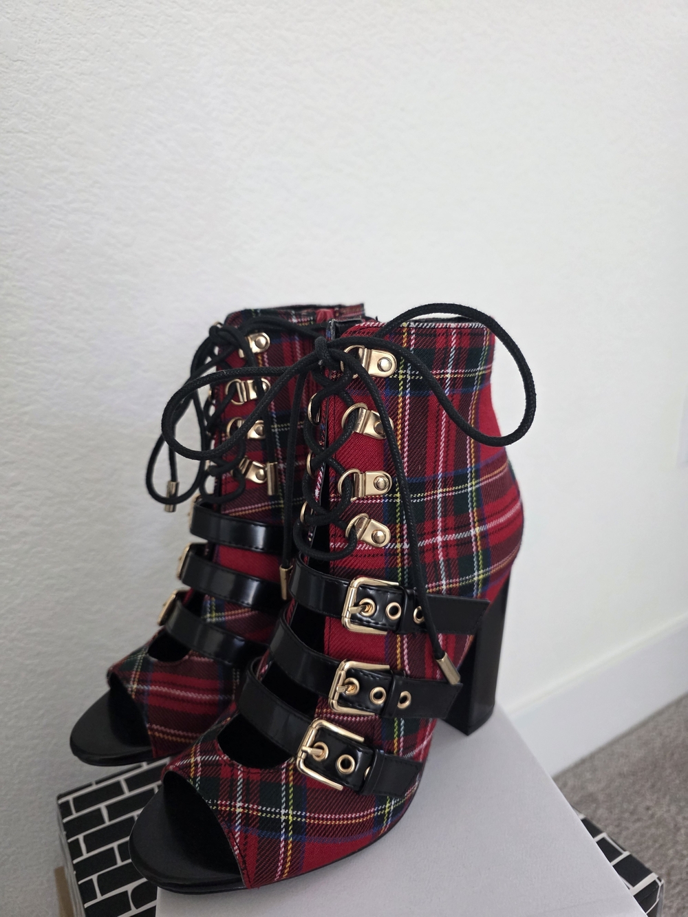 Lemon Drop By Priviledged Women's Red/Black Plaid Lace-Up Peep-Toe Heels